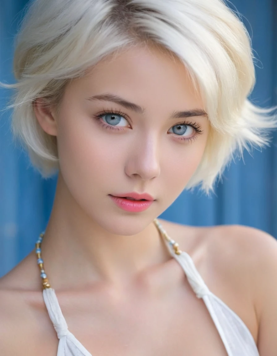 fashion model 20 years old [[[[Close-up cleavage]]]], [[[[Cole]]]], [[[[bshoulder]]]], blue eyes, perfect iris，perfect lips，perfect teeth，Perfect skin，long face，Soft headlight，high dynamic range，movie girl,short white hair，smooth skin and a large , but her appearance should remain tasteful，Ethnic costumes，Background with rose flowers，（pastel colors：1.2）