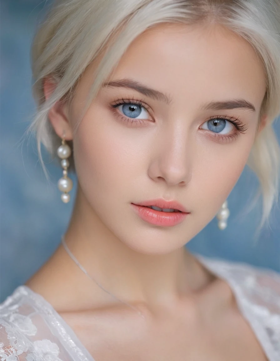 fashion model 20 years old [[[[Close-up cleavage]]]], [[[[Cole]]]], [[[[bshoulder]]]], blue eyes, perfect iris，perfect lips，perfect teeth，Perfect skin，long face，Soft headlight，high dynamic range，movie girl,short white hair，smooth skin and a large chest, but her appearance should remain tasteful，Ethnic costumes，Background with rose flowers，（pastel colors：1.2）