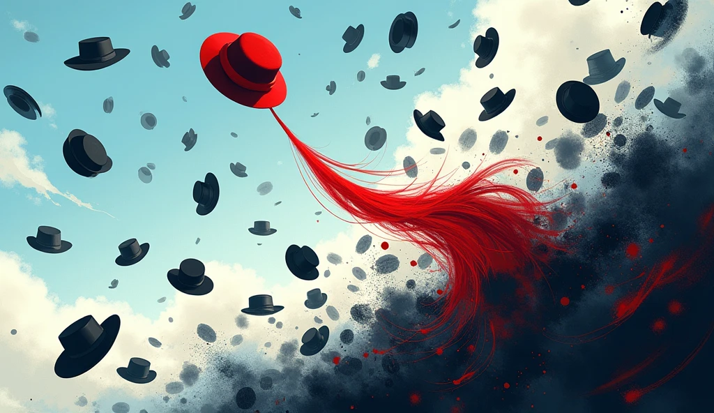 Create a dynamic illustration of plenty of hats falling from the sky. Most of the hats should be black, but include one red hat prominently among them. The red hat should stand out and be manipulated in a way that gives it a heroic, standout quality, as if it's the focus of the scene