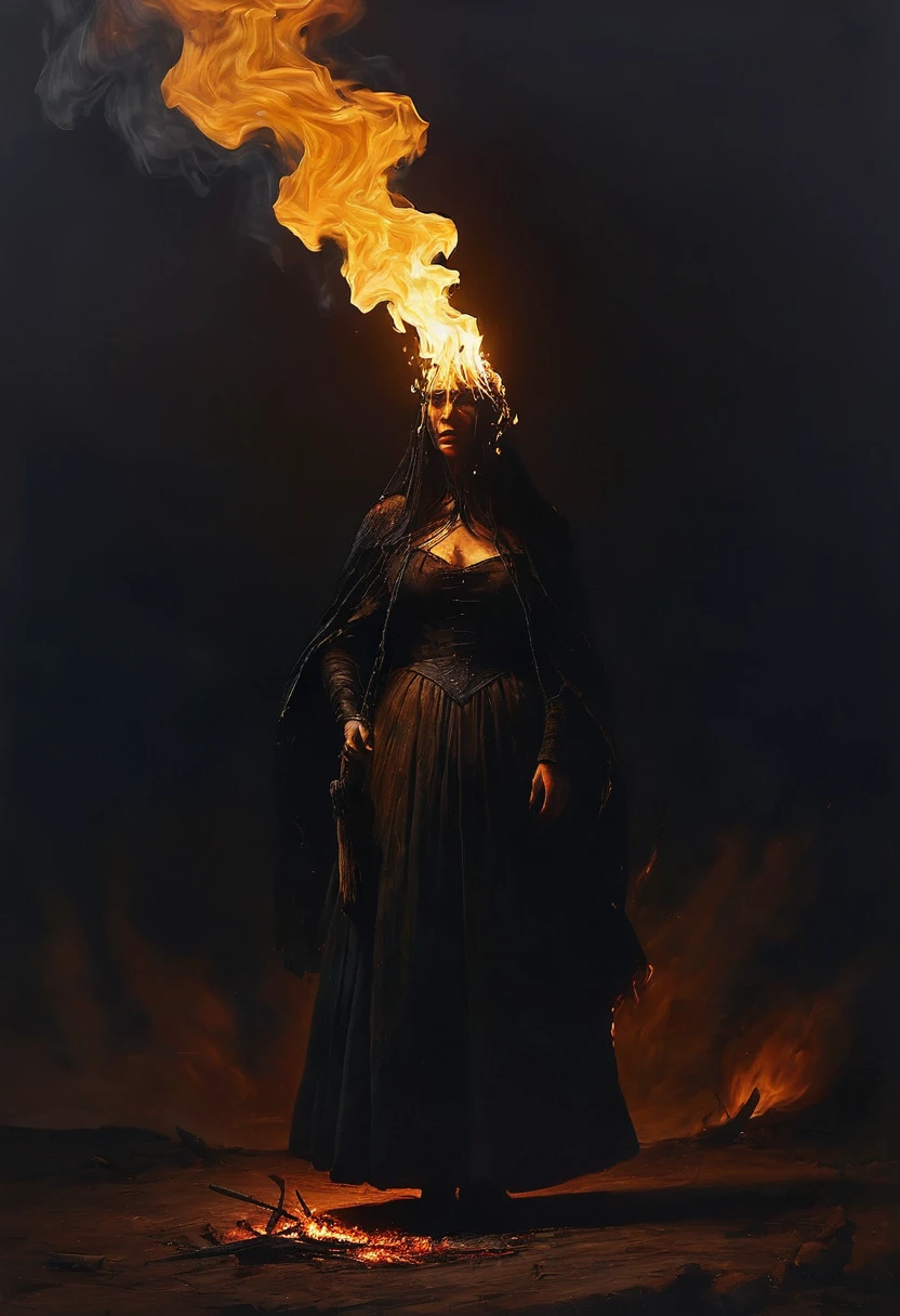 painting of a witch burning, fire, dark atmosphere, cinematic scene, volumetric lights, ultra realistic, in the style of nicola samori