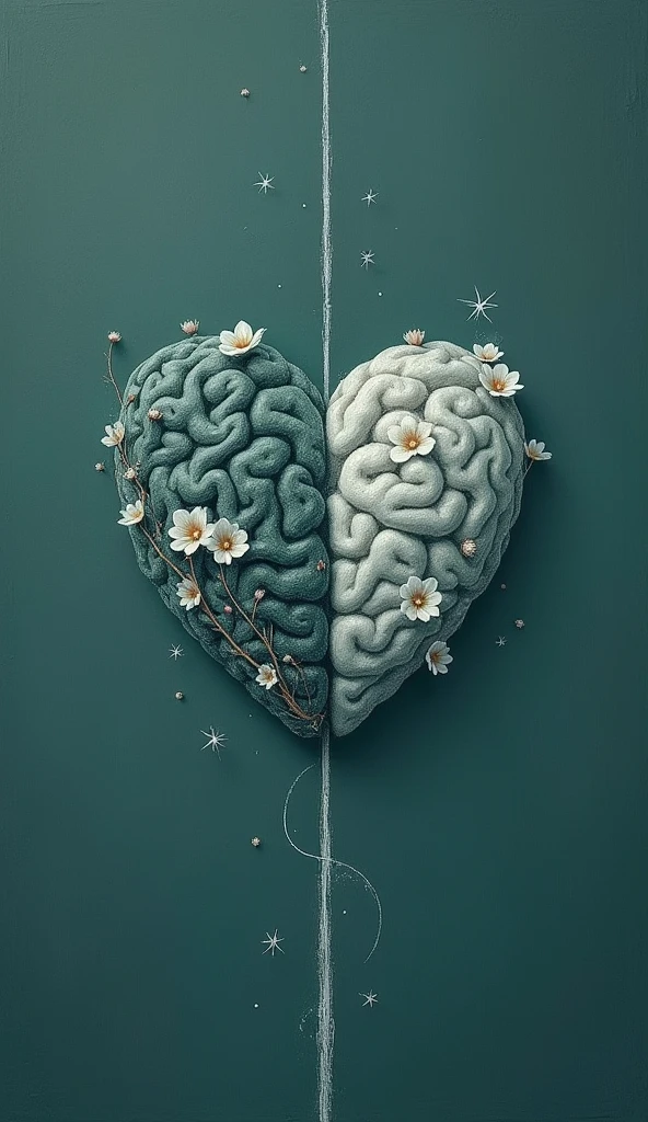 There is a small heart connect with small brain by single white colour strip in deep ancient bluish green colour canvas. Brain and heart are drawen by single thin white pencil lines. in the brain side there are small multiple stars and the heart side multiple small cozy flowers. Whole photo appear love,calm and elegence, 