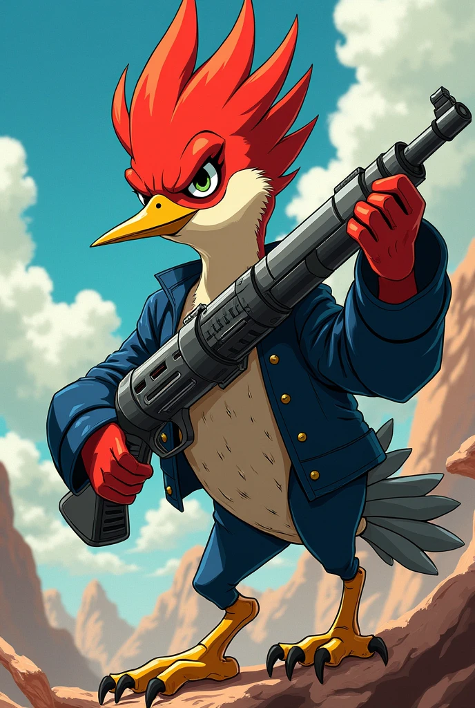 A shonen anime style woodpecker with a gun-shaped drill 