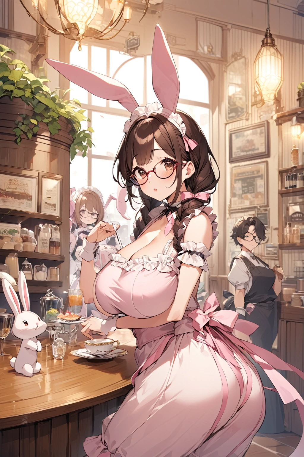 Illustration of a bunny girl in a maid outfit. Characters, Brown eyes with glasses, Her dark brown hair is tied in a single braid with a ribbon.She has big breasts and a big ass, and wears a pink bunny girl outfit that is a variation of the classic maid outfit.In a pink and white maid outfit with frills and ribbons、With rabbit ears and a tail. A classic cafe is depicted in the background.The overall scene has a cute and elegant atmosphere.