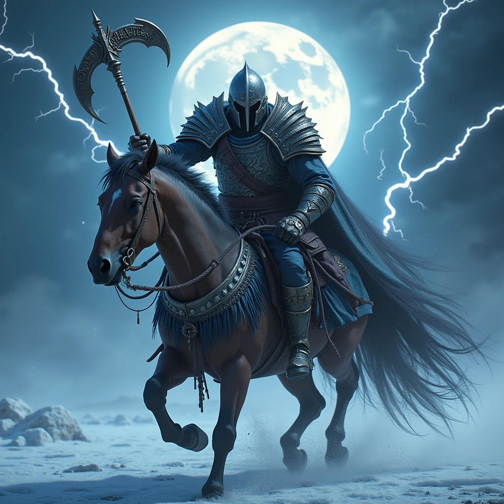 A realistic, ultra-detailed photograph of a male warrior, wearing iron and cloth armor and an intimidating helmet. Determinedly grabbing a scythe-like weapon, he charges across the ice with his horse, as vibrant lightning flashes light up the entire photograph, enhancing his fierce pose. The name “FarmMasteR” is displayed prominently in gothic letters behind him, illuminated by the glow of the moon.