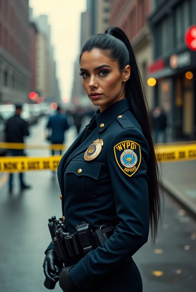 ultra realistic, photography, long black straight hair in a ponytail, elegant hair, (30 years old, hazel eyes, hourglass figure, perfect fit body, natural big breasts), firtatious look, femme fatale, long eyelashes, cat-eye make-up, she is from the NYPD, she has her hands on her gun, feet spread standing stance, at a crime scene, theres is yellow tape around it, it says "POLICE LINE DO NOT CROSS" on the yellow tape, someone is running away, full body picture, wide angle, extreme wide angle