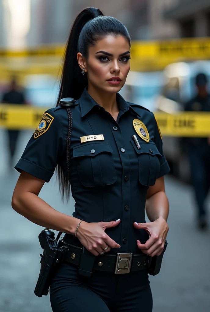 ultra realistic, photography, long black straight hair in a ponytail, elegant hair, (30 years old, hazel eyes, hourglass figure, perfect fit body, natural big breasts), firtatious look, femme fatale, long eyelashes, cat-eye make-up, she is from the NYPD, she has her hands on her gun, feet spread standing stance, at a crime scene, theres is yellow tape around it, it says "POLICE LINE DO NOT CROSS" on the yellow tape, someone is running away, full body picture, wide angle, extreme wide angle