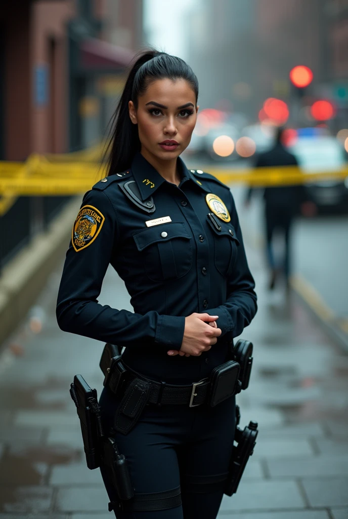 ultra realistic, photography, long black straight hair in a ponytail, elegant hair, (30 years old, hazel eyes, hourglass figure, perfect fit body, natural big breasts), firtatious look, femme fatale, long eyelashes, cat-eye make-up, she is from the NYPD, she has her hands on her gun, feet spread standing stance, at a crime scene, theres is yellow tape around it, it says "POLICE LINE DO NOT CROSS" on the yellow tape, someone is running away, full body picture, wide angle, extreme wide angle