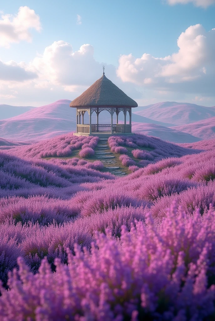 landscape, Heather fields with a gazebo in the middle