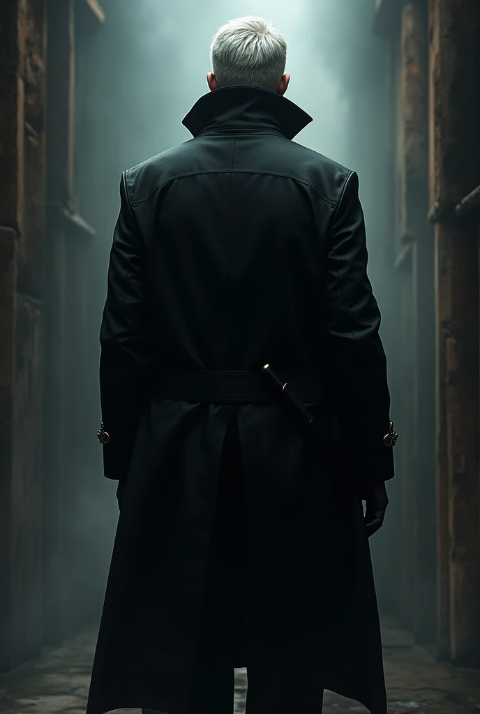 Vergil in black trench coat and full body back in