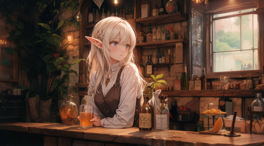 A cozy, stone-built elven bar with an elegant elf bartender preparing a drink for a customer, depicted in an anime style. The elf has delicate features, long flowing hair, and pointed ears. The bar is warmly lit by candlelight, with vintage bottles and glasses lining the wooden counter. The atmosphere is serene and inviting, perfect for a calm evening. The anime style adds a touch of fantasy and whimsy, capturing the magical and mystical nature of the elven world.