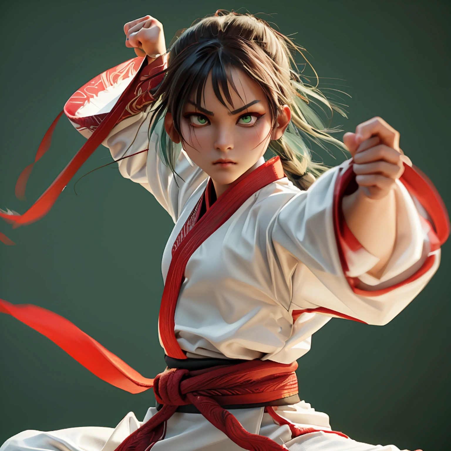 A fierce martial artist in a dynamic fighting stance, wearing traditional kung attire with a red sash, mid-air kick with powerful leg extension, side style light green hairs, Character Sheet, 12 yo student, Full body, Simple white background, front pose character reference sheet, Concept art, design sheet