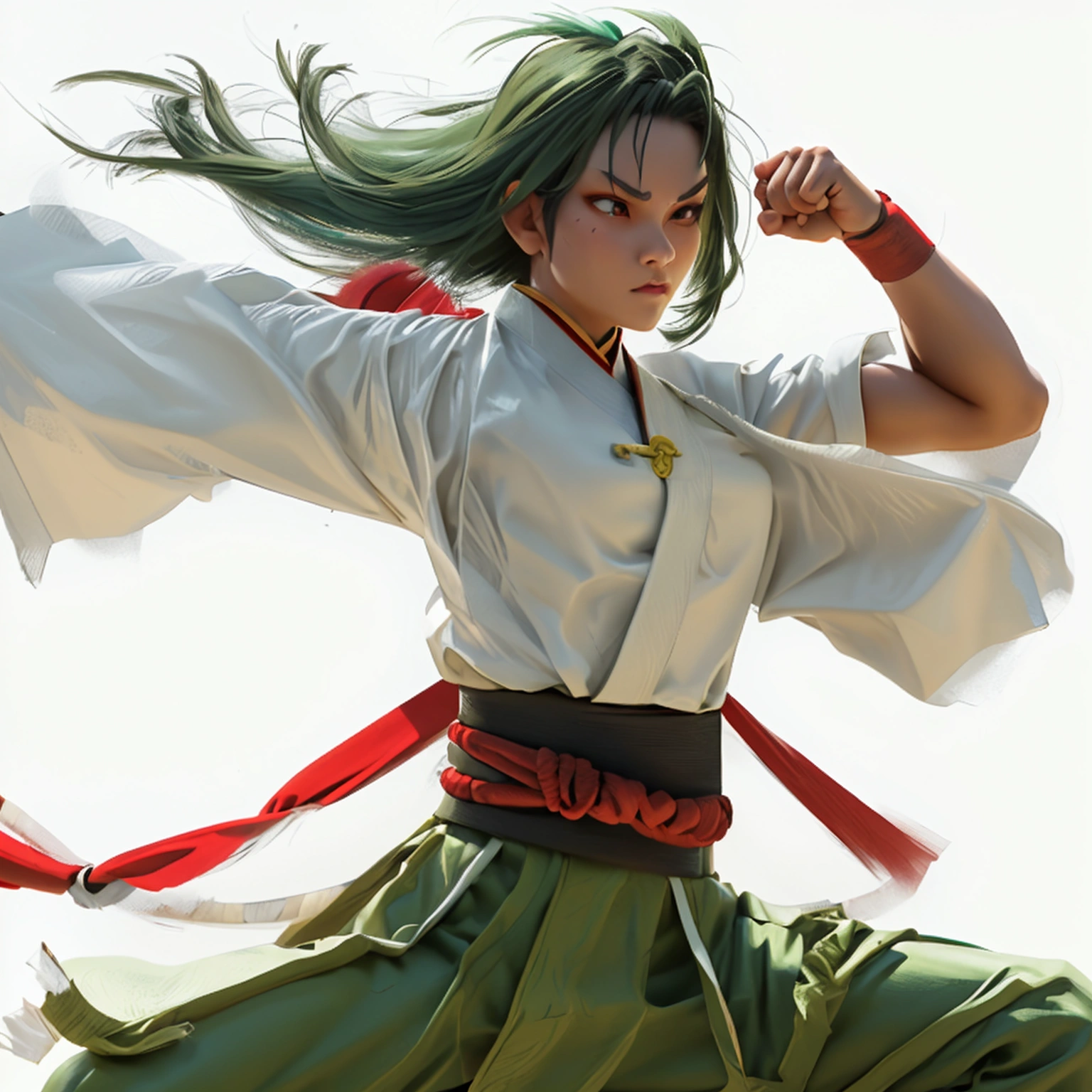 A fierce martial artist in a dynamic fighting stance, wearing traditional kung attire with a red sash, mid-air kick with powerful leg extension, side style light green hairs, Character Sheet, 12 yo student, Full body, Simple white background, front pose character reference sheet, Concept art, design sheet