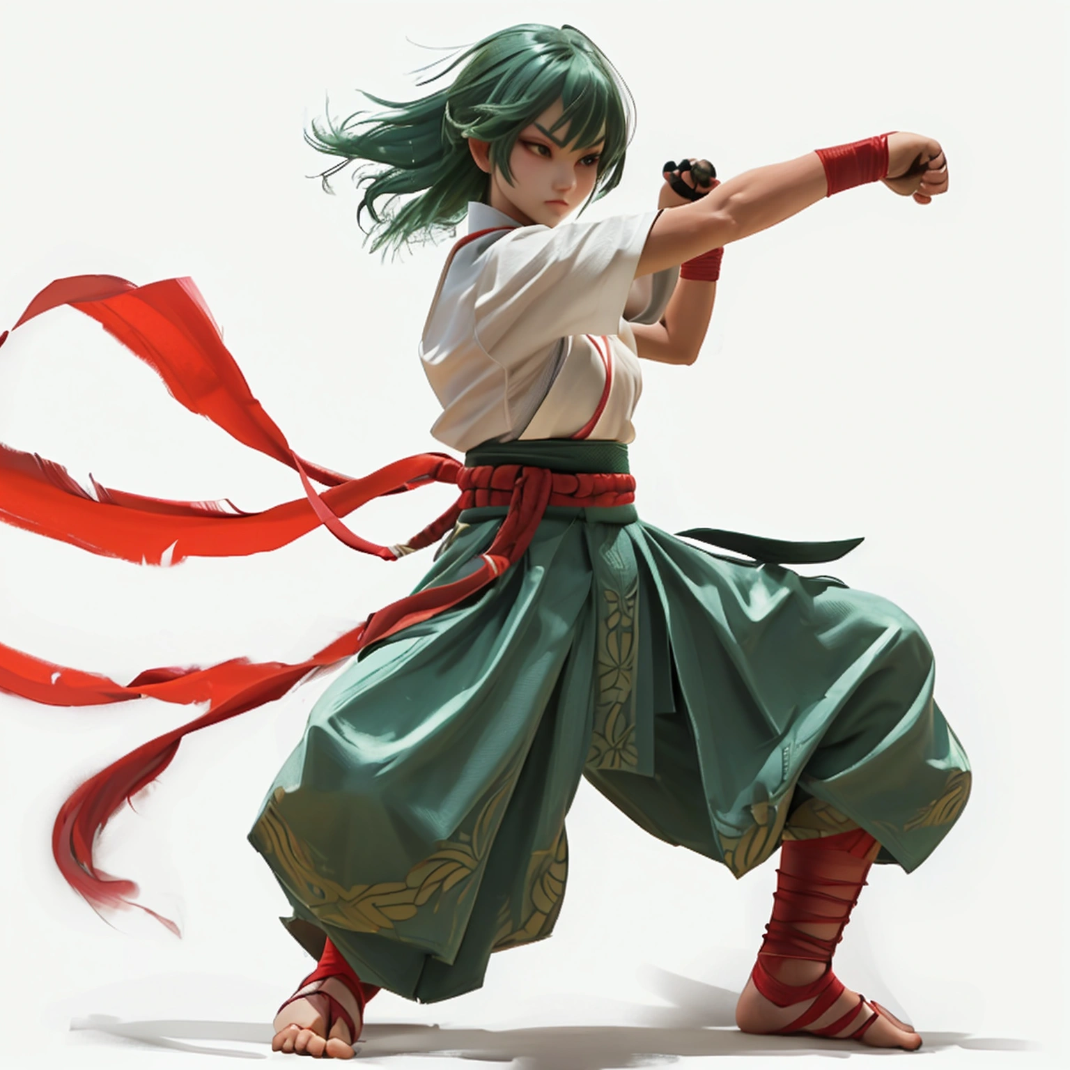 A fierce martial artist in a dynamic fighting stance, wearing traditional kung attire with a red sash, mid-air kick with powerful leg extension, side style light green hairs, Character Sheet, 12 yo student, Full body, Simple white background, front pose character reference sheet, Concept art, design sheet