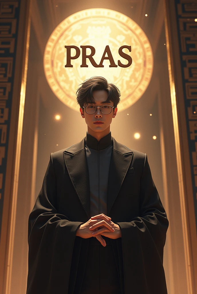 create a character of God to control the world, insert the large text: “Pras”, background from room and time, HD, realistic, use glasses, male, age 20, handsome korean style, full body