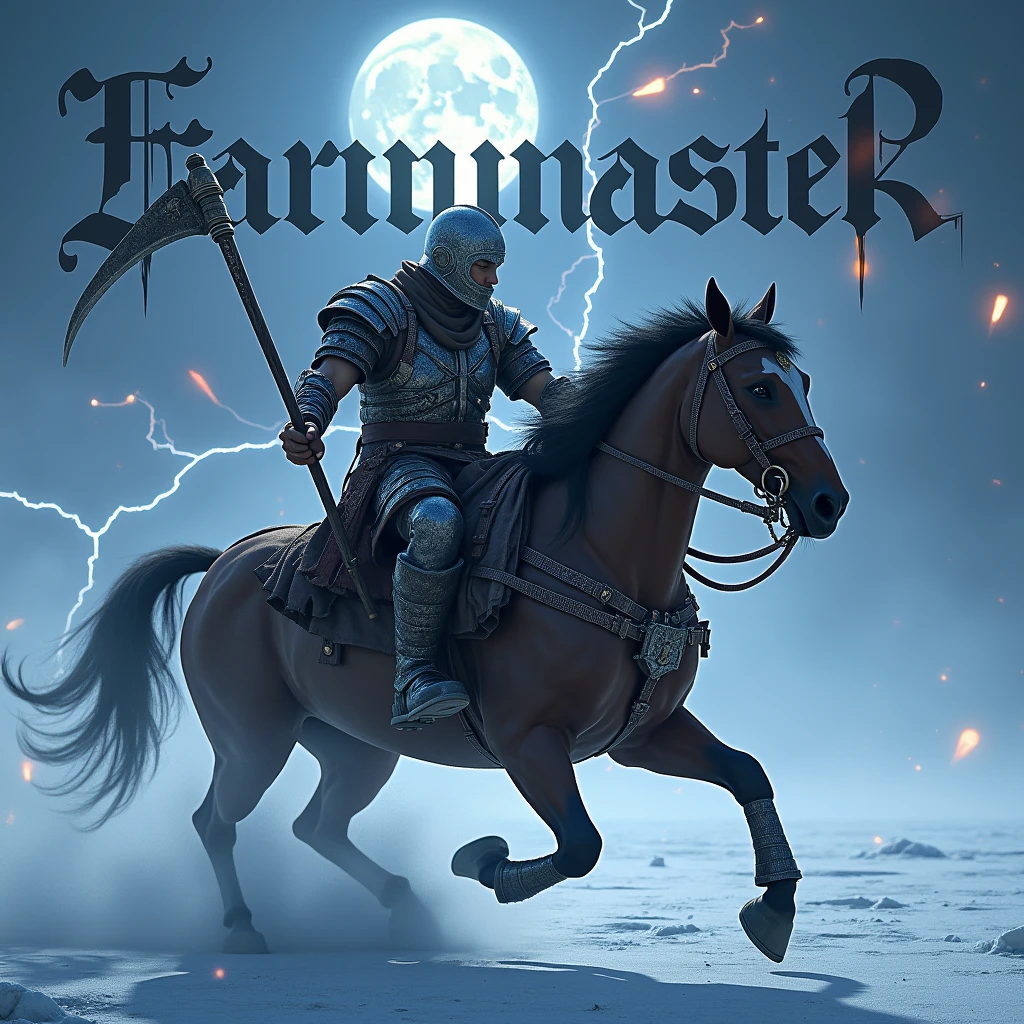 A realistic, ultra-detailed photograph of a male warrior, wearing iron and cloth armor and an intimidating helmet. Determinedly grabbing a scythe-like weapon, he charges across the ice with his horse, as vibrant lightning flashes light up the entire photograph, enhancing his fierce pose. The name “FarmMasteR” is displayed prominently in gothic letters behind him, illuminated by the glow of the moon.