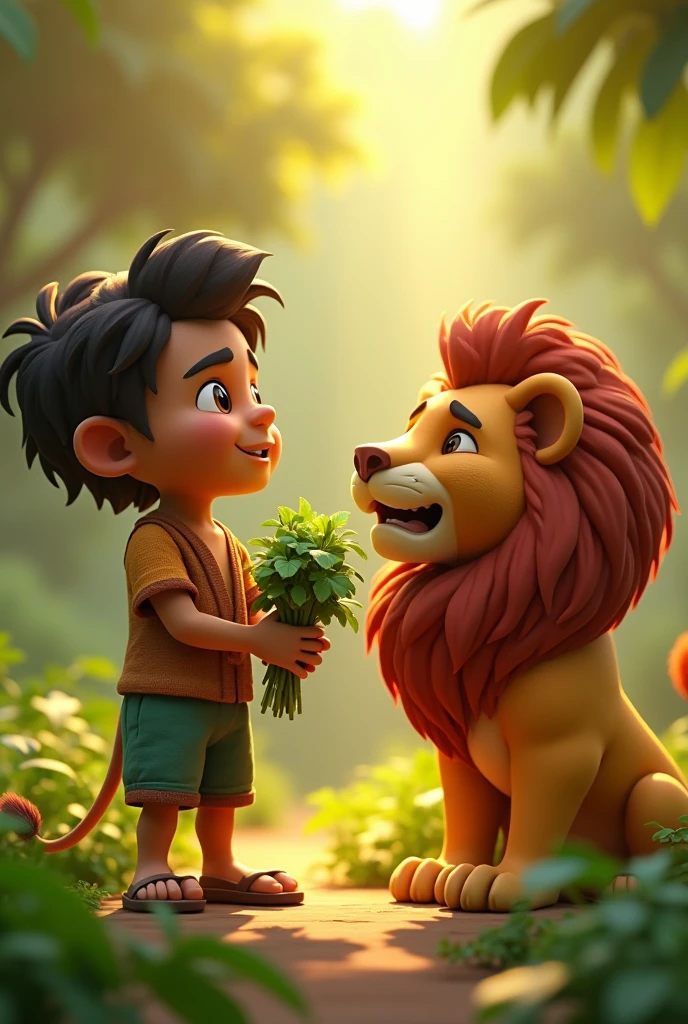 In cinematic 3d cartoon style "Illustrate Babul standing in front of the sick lion, presenting a bundle of herbs. The lion should look surprised and grateful, while Babul should appear proud and compassionate.