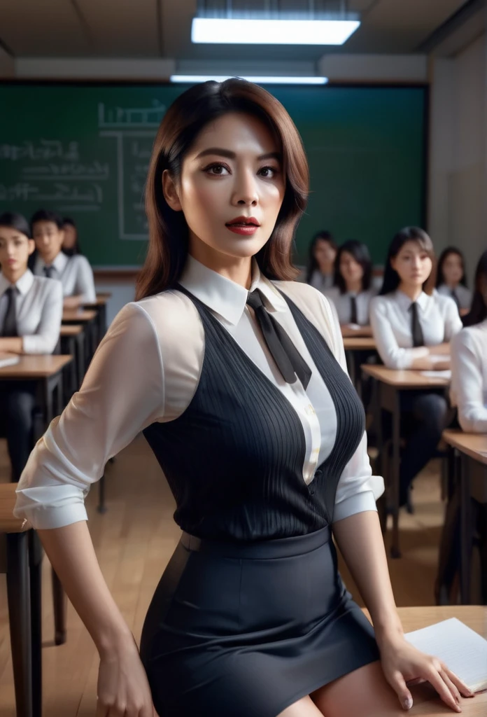 a mature elegant female teacher,see-through teacher outfit,seductive pose,classroom background,crowd of students,cinematic dramatic lighting,extremely detailed,photorealistic,8k,masterpiece