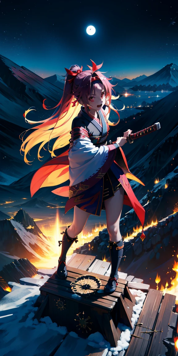 yuuki konno, flauschige, uhd, 4k, textured skin, good quality, High details, masterpiece, best quality, (Amazingly absurd:1.2), (masterpiece:1.2), 1Girl, battoujutsu , evil laugh, not looking at viewer, Kimono, standing, looking in the distance, evil smirking, glowing red eyes, very long hair, shiny hair , fullbody, two colored hair, hairbow, glowing dress, black knee socks, Kawaiitech, soft colours, Kawaii, Beautiful colors, studio lighting, (Mountaintop:2), (Night:2),