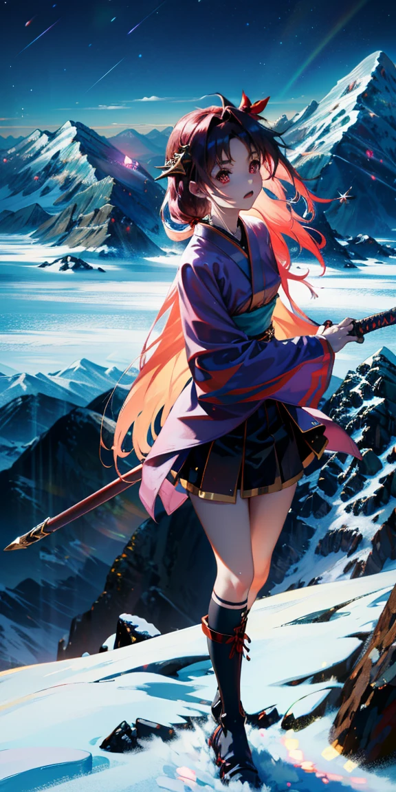 yuuki konno, flauschige, uhd, 4k, textured skin, good quality, High details, ​masterpiece, best quality, (Amazingly absurd:1.2), (​masterpiece:1.2), 1Girl, battoujutsu , evil laugh, not looking at viewer, Kimono, standing, looking in the distance, evil smirking, glowing red eyes, very long hair, shiny hair , fullbody, two colored hair, hairbow, glowing dress, black knee socks, Kawaiitech, soft colours, Kawaii, Beautiful colors, studio lighting, (Mountaintop:2), (Night:2),