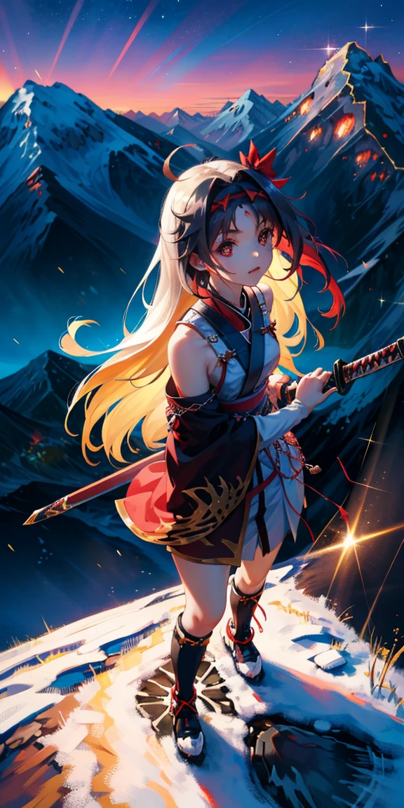yuuki konno, flauschige, uhd, 4k, textured skin, good quality, High details, masterpiece, best quality, (Amazingly absurd:1.2), (masterpiece:1.2), 1Girl, battoujutsu , evil laugh, not looking at viewer, Kimono, standing, looking in the distance, evil smirking, glowing red eyes, very long hair, shiny hair , fullbody, two colored hair, hairbow, glowing dress, black knee socks, Kawaiitech, soft colours, Kawaii, Beautiful colors, studio lighting, (Mountaintop:2), (Night:2),