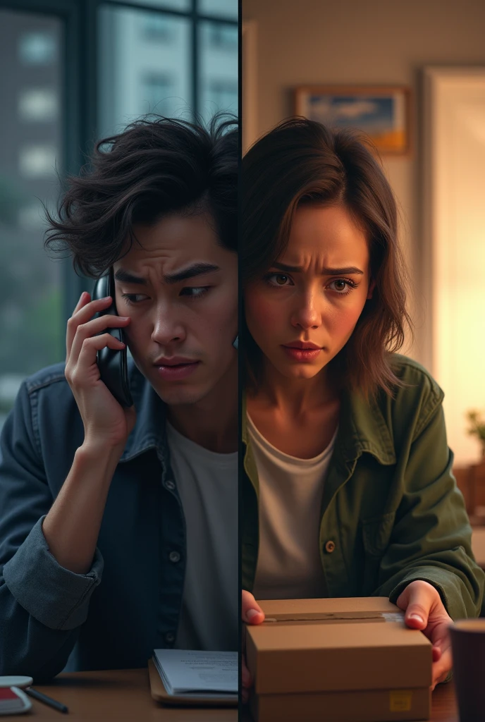 It's completely split in half. On the left is a person who is irritated in front of the phone because the delivery is late. On the right is a person who is anxious in the house because he can't find the delivery.
