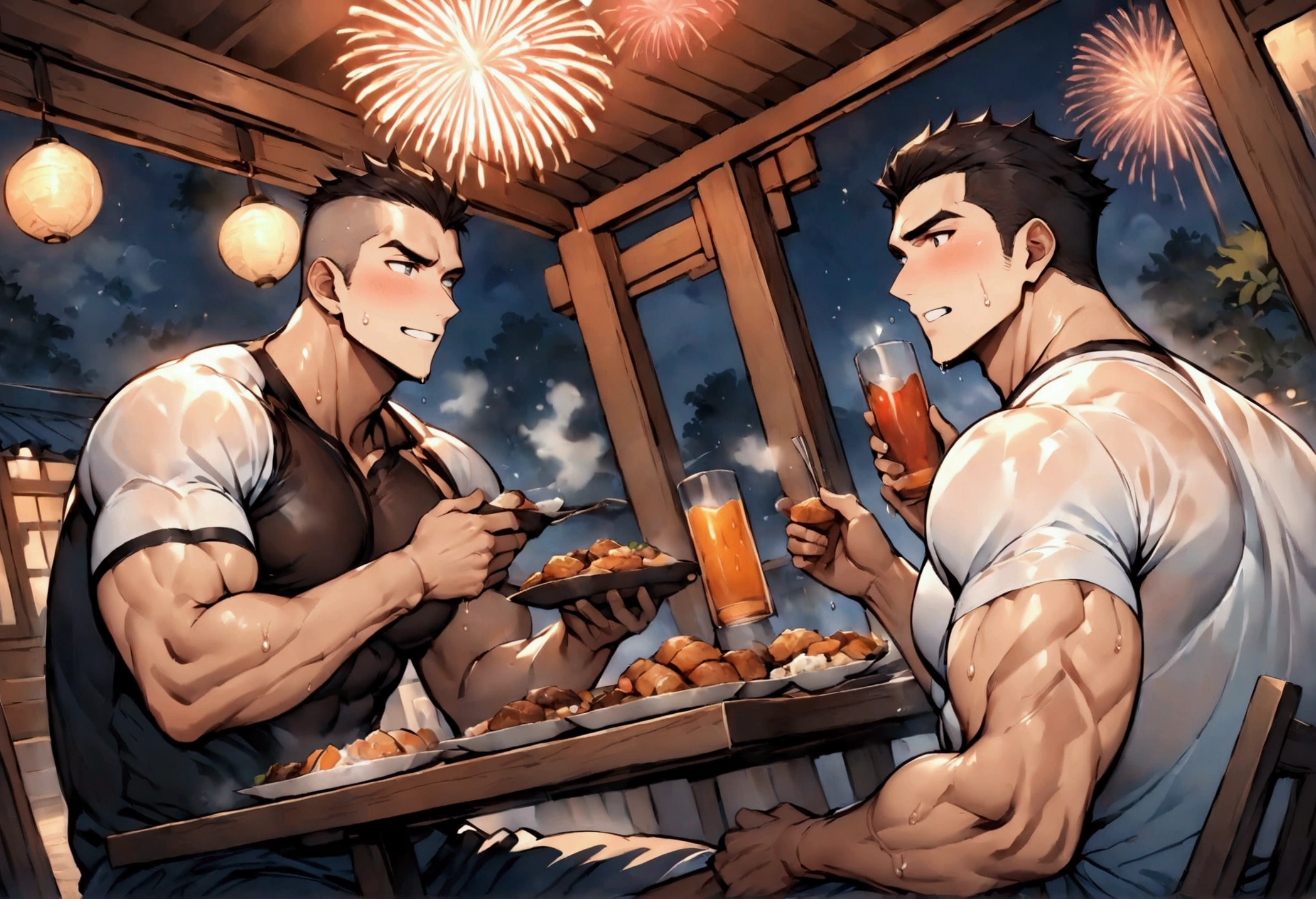 Highest quality、masterpiece、(muscular male:1.2)、(father:0.5)、Shaved head、Short Hair、Sports haircut、short hair、(sweat:1.3)、(steam:1.1)、gangbang、2boys、Ultra wide angle、night、Veranda、firework、sitting around a table laden with food and drink、Spirited
