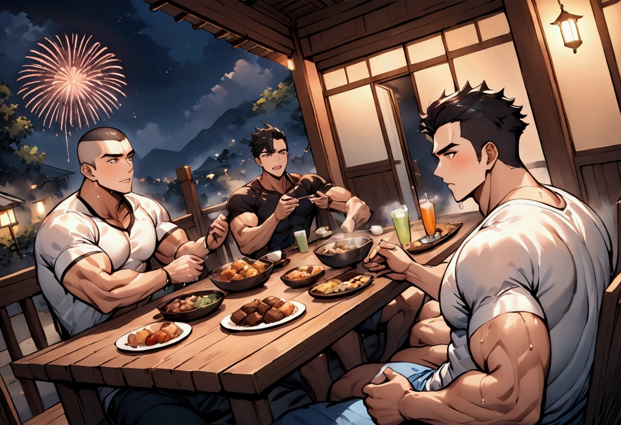 Highest quality、masterpiece、(muscular male:1.2)、(father:0.5)、Shaved head、Short Hair、Sports haircut、short hair、(sweat:1.3)、(steam:1.1)、gangbang、2boys、Ultra wide angle、night、Veranda、firework、sitting around a table laden with food and drink、Spirited