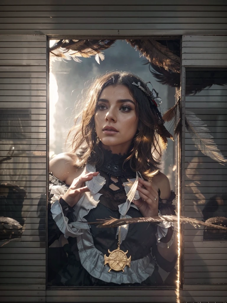 The scene is atmospheric and open, ancient sacrificial pictures, smoky and full of smoke, birds in human clothes dancing, worshiping Sunday, (detailed costume details, detailed clothing light sense), faintly appearing, detailed bird feather details, cumbersome and complex picture feeling, (full of weird and mysterious pictures), the background is cloudy, photos are realistic, 8k,