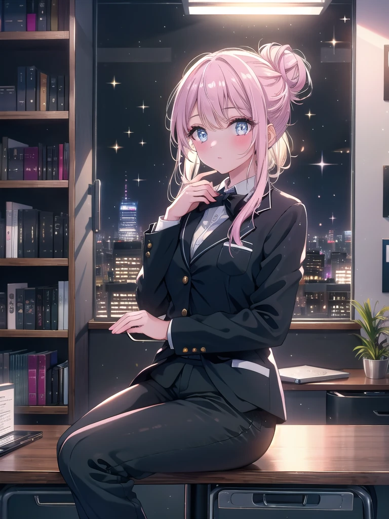 ((8k, Highest quality, masterpiece: 1.3)),Ultra-high resolution,(1 girl, alone), (Color changing eyes, Ultra-detailed, Expressive brilliance, Glitter, Glowing Eyes), Highly detailed eyes, Highly detailed face, Random Hair, ((pastel colour))The woman is in a high-rise corporate office, seated at her desk with a panoramic view of the city skyline. The office is sleek and modern, with glass walls, a large desk, and ergonomic office chairs. Her desk is tidy, with a laptop, a phone, a few files, and a stylish pen holder. Behind her, there’s a floor-to-ceiling bookshelf filled with business books, framed certificates, and a few decorative items. A floor lamp casts a warm light on the desk, creating a cozy ambiance. She’s wearing a fitted black blazer over a white silk blouse, paired with pencil pants and pointed-toe heels. Her hair is styled in a low bun, and she’s wearing subtle makeup. She looks at the camera with a confident and composed expression, ready to tackle her next big task.