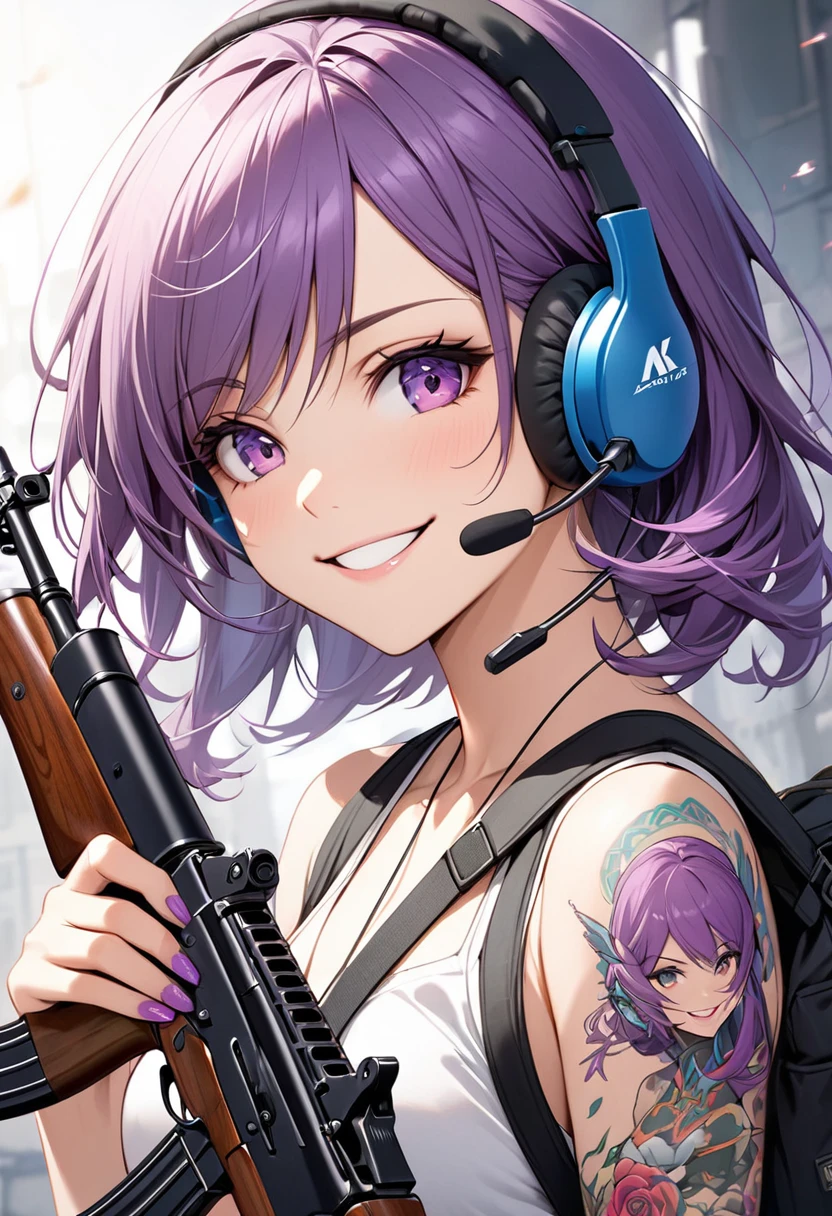 beautiful woman , With tattoos, holding an ak47 gun,Purple hair,headset,smiling