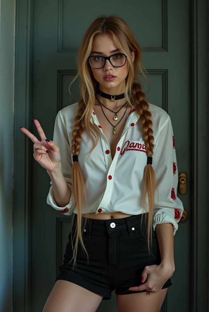 Full-length cinematic image of a woman in front of the door. The woman is 3, black eyes and black prescription glasses with long caramel colored hair with 2 long braids, 1 braid on the right side and a long braid on the left side, reaching down to her leg and wrapping around things, it is so long she is making a sign of gun forward is wearing a white blouse with sleeves up to the elbow with red details and Harley Quinn written on the blouse and is wearing black shorts.