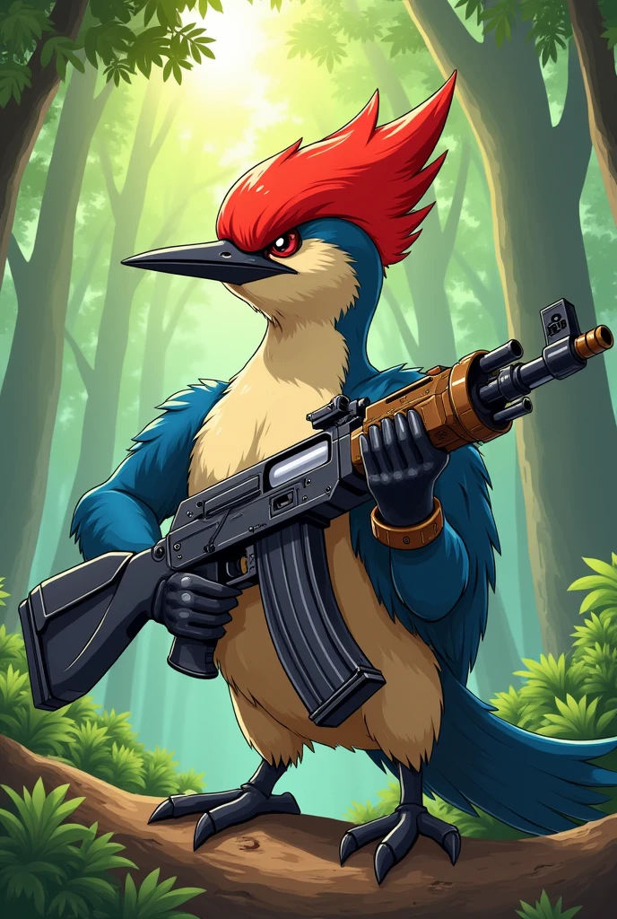 A shonen anime style woodpecker with an AK 47 shaped drill