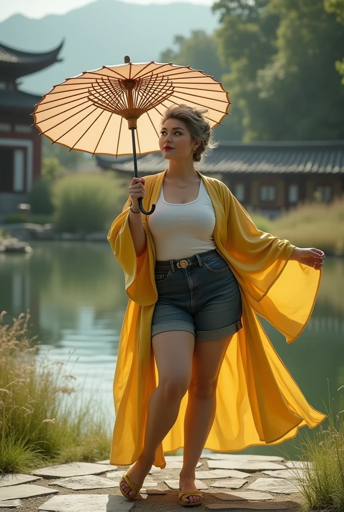 (Highly detailed bold face), (PureErosFace), (plump body shape), (very curvy), plus, (photoshoot), pores, real skin, hair band, flying hair, (gray hair), ancient headdress , hairpin, teasing , cynical look, affectionate eyes, shining eyes, beautiful scenery, yellow kimono robe, short blue jeans, Japanese wooden shoes, holding an umbrella gracefully, shadows, backlight, soft natural volumetric cinematic perfect light, film grain, zskuijia, sword, Chinese architecture, grassland, trees, sexy, stands a very clear pool.
