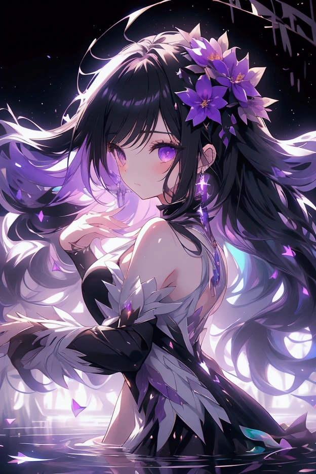 Beautiful anime woman, mature, long black hair, purple eyes, simple white dress, sleeveless dress, short dress, facing up, floating in water, pond, flowers on water surface, night time, enchanted forest, moonlight, colorful, ethereal, posing for camera, moonlight, fantasy, magical, glowing plants
