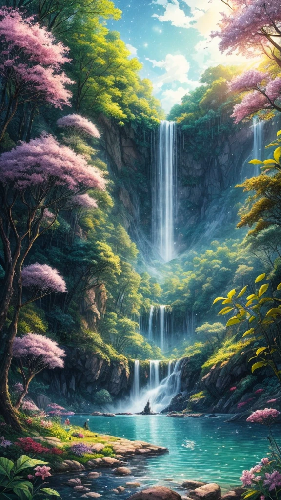 Viral anime nature wallpaper in 4K quality, in the style of illustration inspired by Studio Ghibli, depicting a hidden waterfall surrounded by lush greenery, delicate flowers blooming around, and small woodland creatures playing near the water; soft and pastel color temperature, cosmos lighting with stars twinkling in the sky, no human characters, the atmosphere is magical and calming –v 5 –stylize 1000