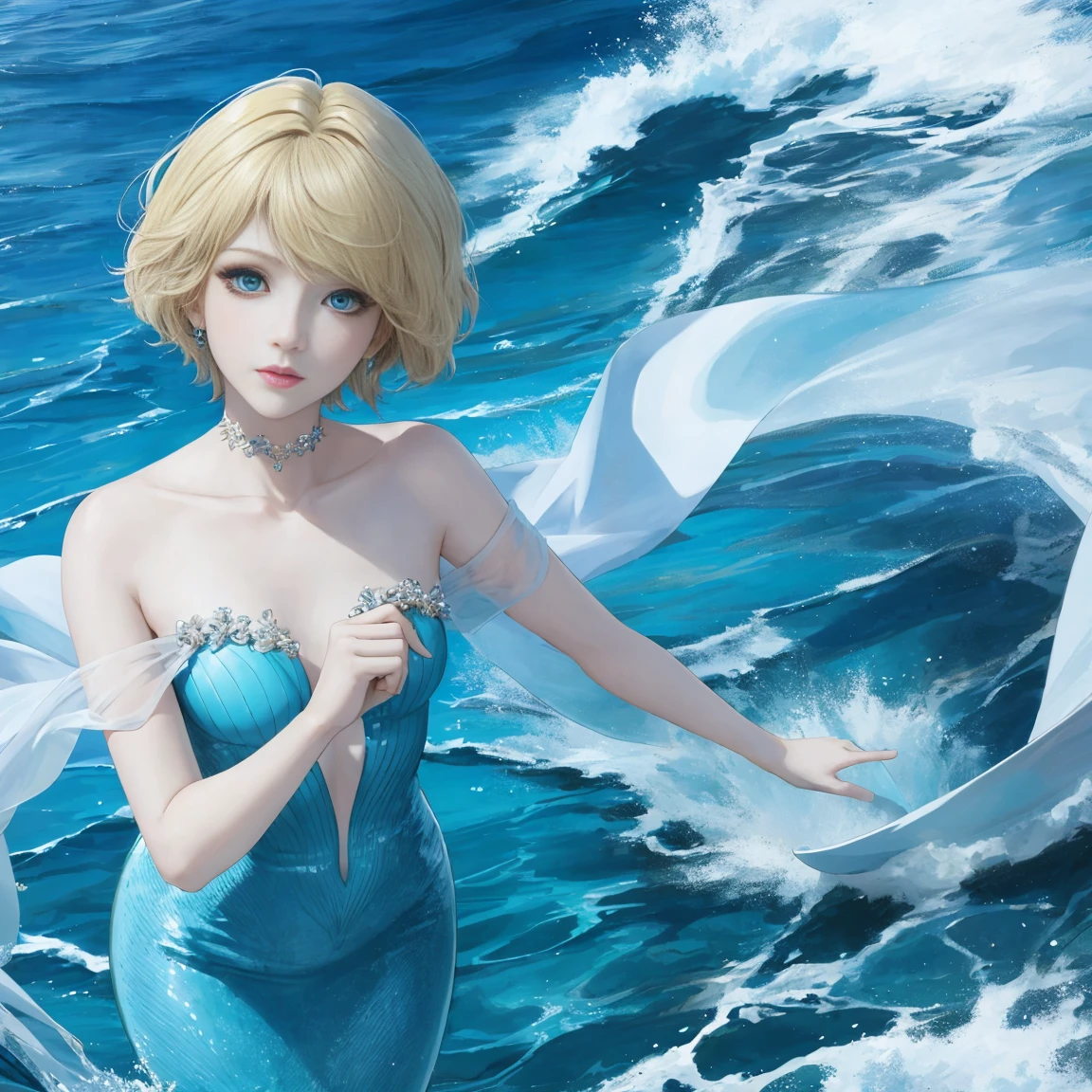 mermaid, 1girl, crossdressing, anime, beauty, small breasts, short hair, blonde hair, blue eyes, sea, underwater, ocean,