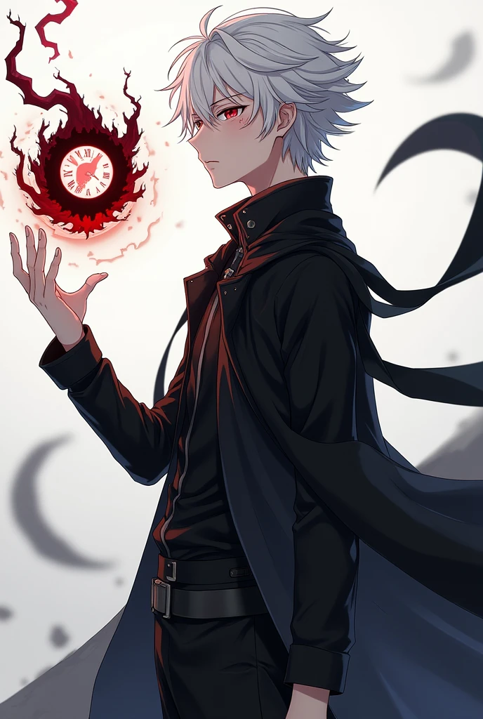 Inspired by the anime and manga black clover:  male teenager aged sy white hair, Red eyes, He has a magic mark with a symbol representing time on his left eye., black set like a long coat simulating holding a "grimorio", saying "grimorio" It would be a kind of large floating magic mark with a representative shape of time , Likewise the young man would be simulating holding with his left hand the "floating grimoire" with a neutral expression 