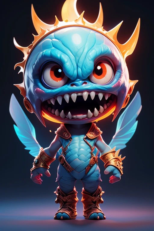 Create a monster image, a small, big-headed, baby monster.. The body is transparent and can be seen through. The image is sharp and detailed., with beautiful colors.. With arms, leg, eyes, mouth, พื้นหลังสีlegว