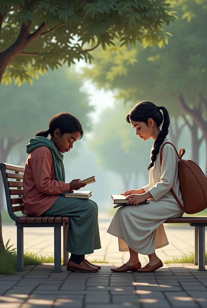 In pakistan A girl in a pony tail with her college bag and in her uneversity uniform white suit salwar sitting on a bench at bus station waiting for the bus . the place is not crowded and there are trees she has only one bag that is for her books. A South African black girl sat next to her holding a book in both hands.