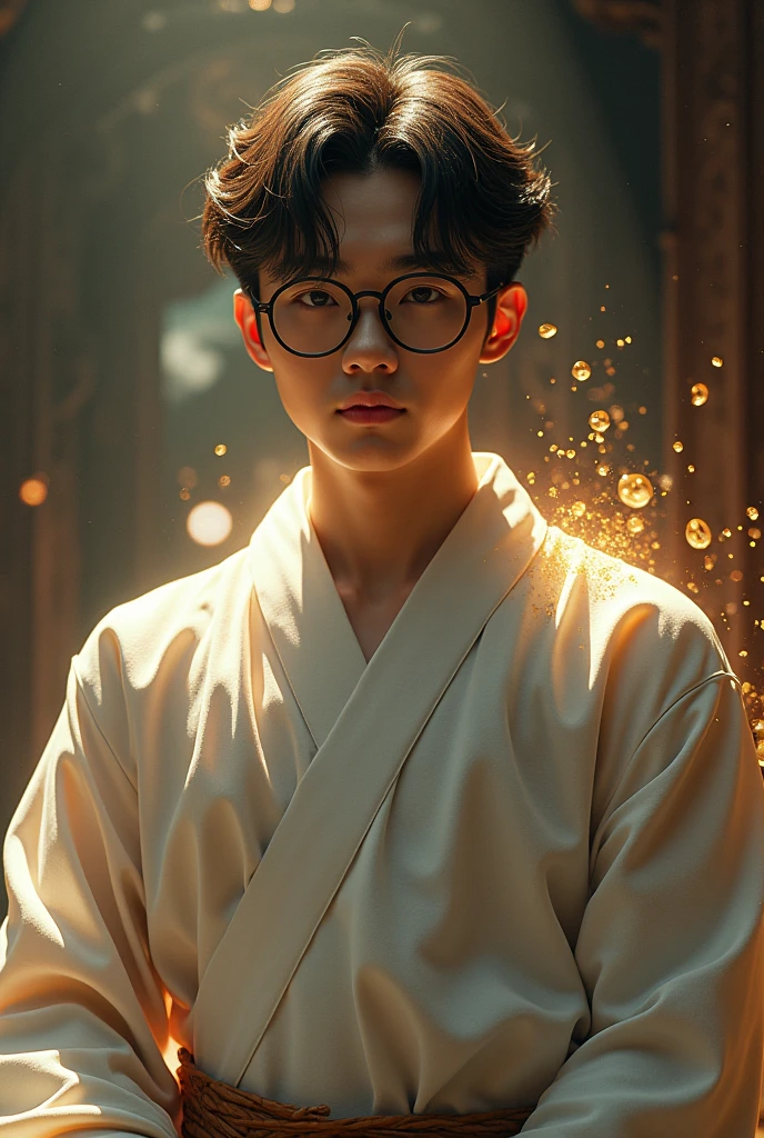 create a character of God to control the world, insert the HD large text: “Pras”, background from room and time, HD, realistic, use glasses, male, age 20, handsome korean style, full body