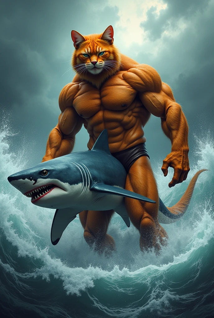 A humanoid body builder orange cat carrying a dead giant shark bloody and unconscious at his back , stormy and wavy ocean.