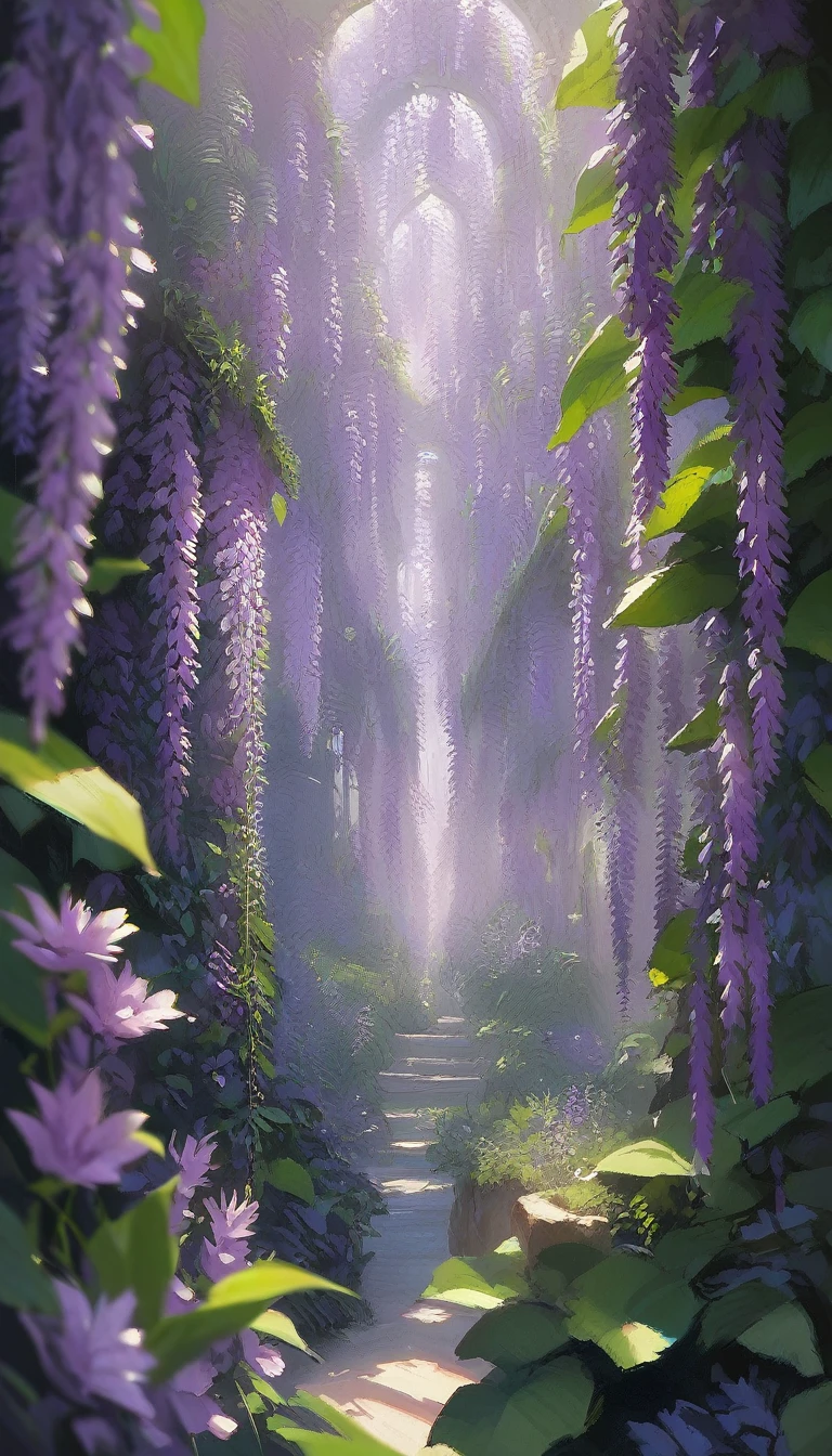 score_9, score_8_up, score_7_up, score_6_up, score_5_up, score_4_up, wisteria garden, wisteria flowers, wisteria trees, surrealism, volumetric lighting, gwentstyle,