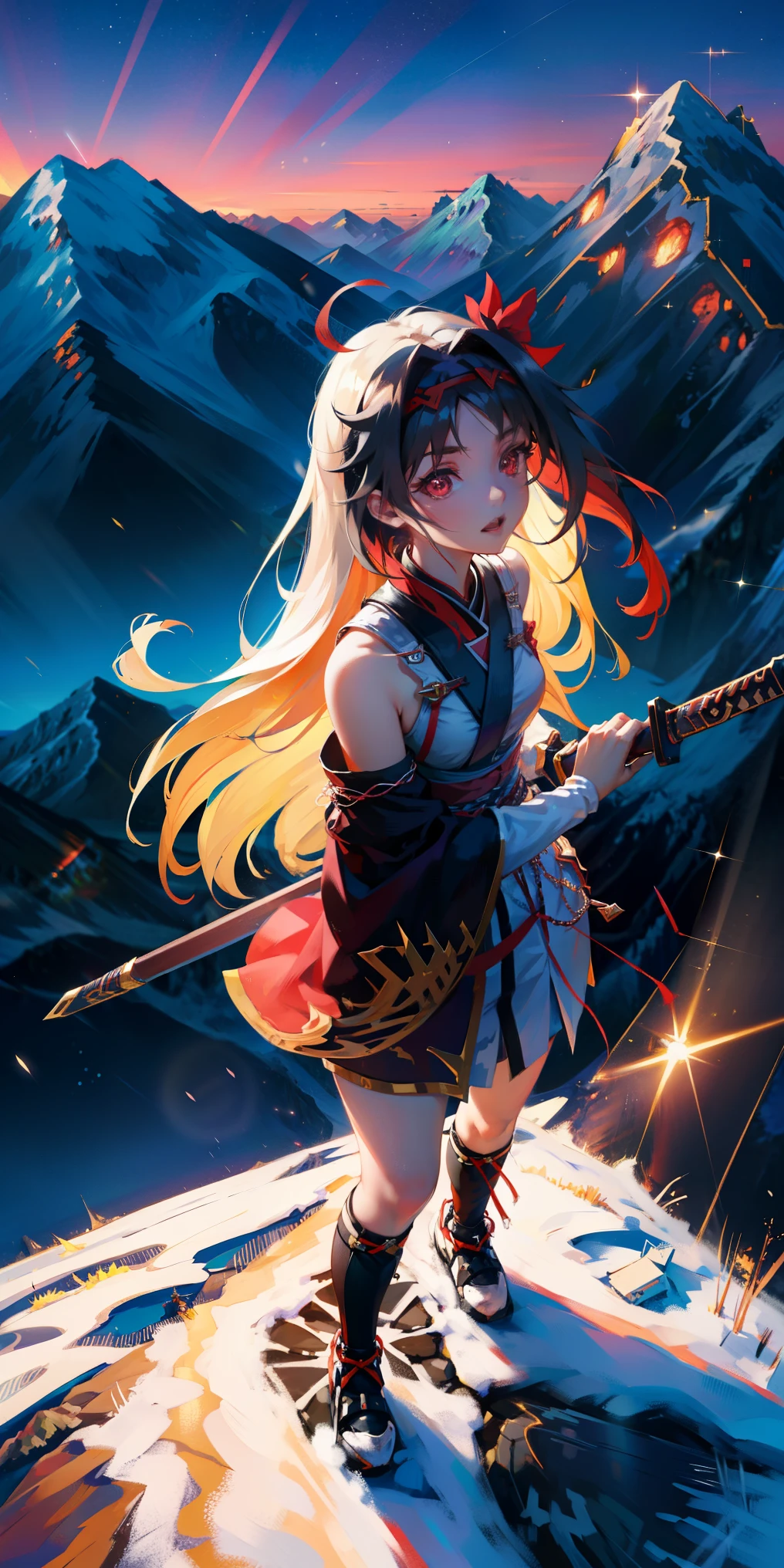 yuuki konno, flauschige, uhd, 4k, textured skin, good quality, High details, masterpiece, best quality, (Amazingly absurd:1.2), (masterpiece:1.2), 1Girl, battoujutsu , evil laugh, not looking at viewer, Kimono, standing, looking in the distance, evil smirking, glowing red eyes, very long hair, shiny hair , fullbody, two colored hair, hairbow, glowing dress, black knee socks, Kawaiitech, soft colours, Kawaii, Beautiful colors, studio lighting, (Mountaintop:2), (Night:2),