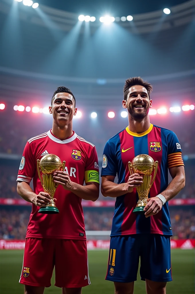 Create thumbnail in size (16:9) Cristiano Ranaldo vs Messi received football prizes and trofi