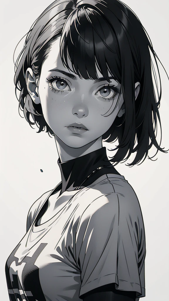 1 boyish girl, solo, sharp eyes, monochrome, greyscale, short black hair, portrait, white T-shirt, closed mouth, looking at viewer, graphite \(medium\), detailed lips, hatching \(texture\), without makeup, bangs, upper body, (best illustration), (best quality), (very detailed), (masterpiece), expressionless,