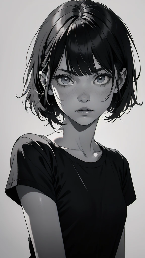 1 boyish girl, solo, sharp eyes, monochrome, greyscale, short black hair, portrait, white T-shirt, closed mouth, looking at viewer, graphite \(medium\), detailed lips, hatching \(texture\), without makeup, bangs, upper body, (best illustration), (best quality), (very detailed), (masterpiece), expressionless,