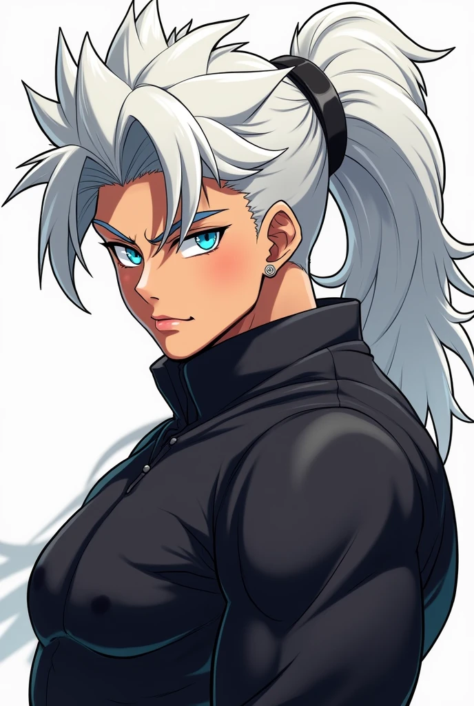 anime character, White hair, afro hair,  ponytail, bright blue eyes, Long white eyelashes, male, tall, big glossy lips, , grey eyebrows, , black baggy outfit, muscular 