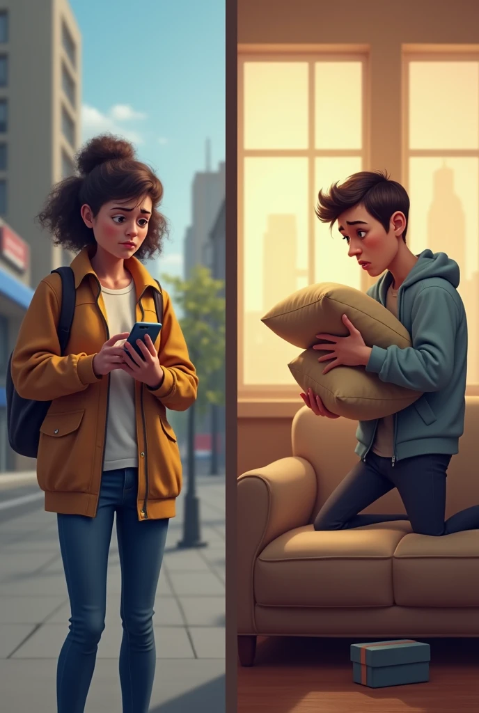 It&#39;s completely split in half. The left side is a person who is irritated in front of the phone because the delivery is late. The right side is a person who is irritated looking for something on the sofa in the house.