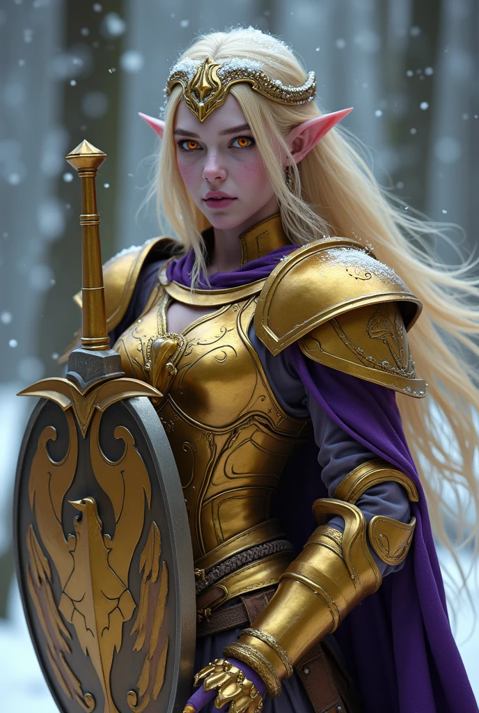 Tema del juego World of Warcraft Image of an female Blood elf Knight,aged 32,blonde Hair flowing with the wind,side view, standing holding her favourite golden sword and golden Shield(with griffon simbol),purple Skin, Long elf ears, bright glowing Golden eyes, Golden extremely realistic and intrincate shiny metal Armor with metal reflections, Golden Pauldrons, Golden skull Pauldron, Gold and purple Chestpiece,golden Gauntlets, Dark purple tabard, Dramatic tones.blizzard storm,heavy snow, snowing,old forest, Una obra maestra con la más alta resolución. , Tipo de imagen surrealista,armor metal reflections,Photorealistic, Hyperrealistic, Hyperdetailed, analog style, detailed skin,soft lighting, subsurface scattering, realistic, heavy shadow, masterpiece, best quality, ultra realistic, 8k, golden ratio, Intricate, High Detail, film photography, soft focus