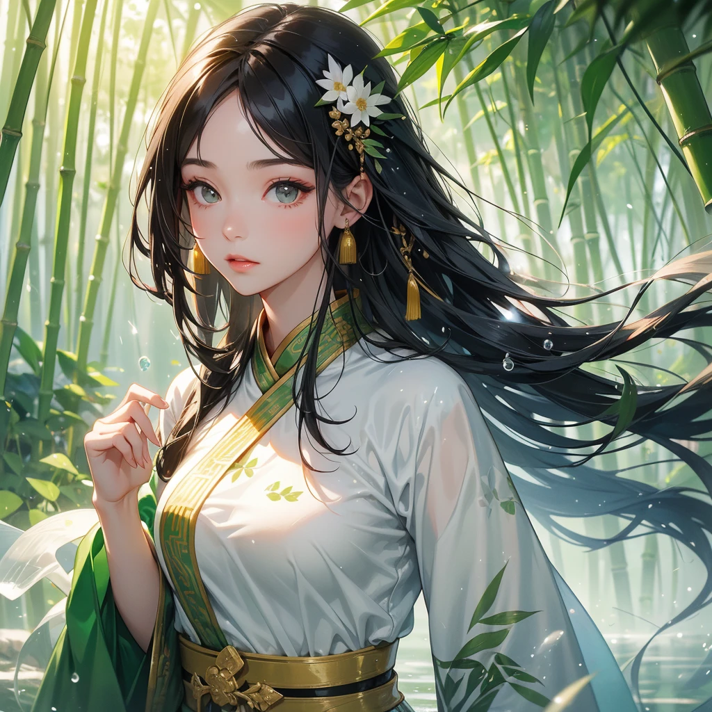 A beautiful girl with black long hair, wear white ancient chinese clothes, with the sun shining on her face, close up.
The back is a lush green bamboo forest. The air after rain has water droplets splashing around.